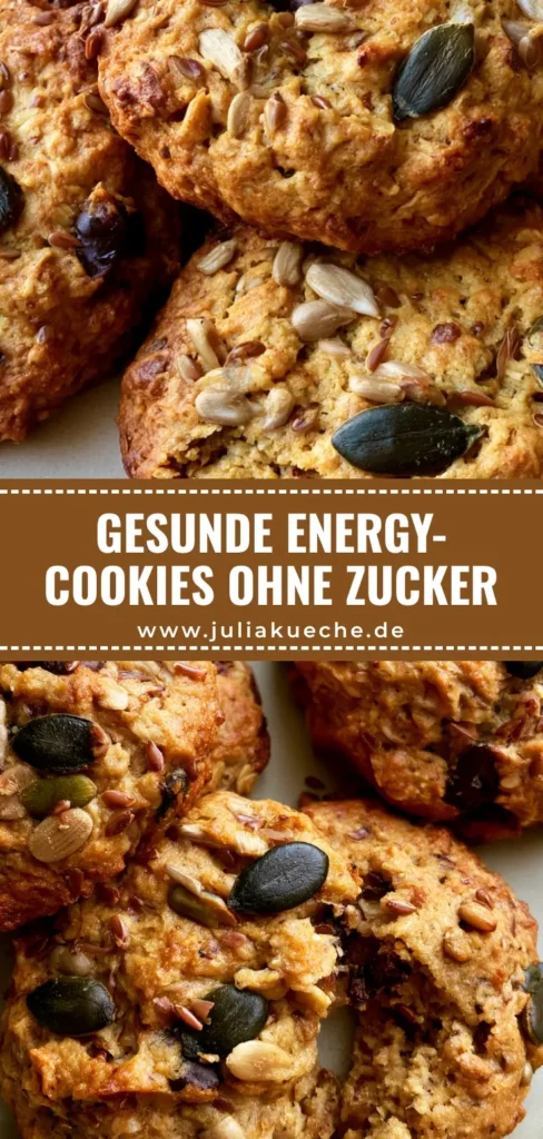 Draufsicht auf rustikale gesunde Energy-Cookies mit Haferflocken, Sonnenblumenkernen und Schokolade auf einem hellen Teller.