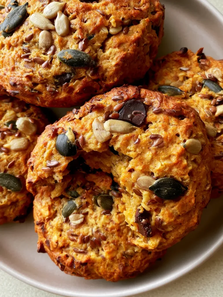 Nahaufnahme von dicken Gesunden Energy-Cookies mit sichtbaren Kürbiskernen und Schokoladenstücken.