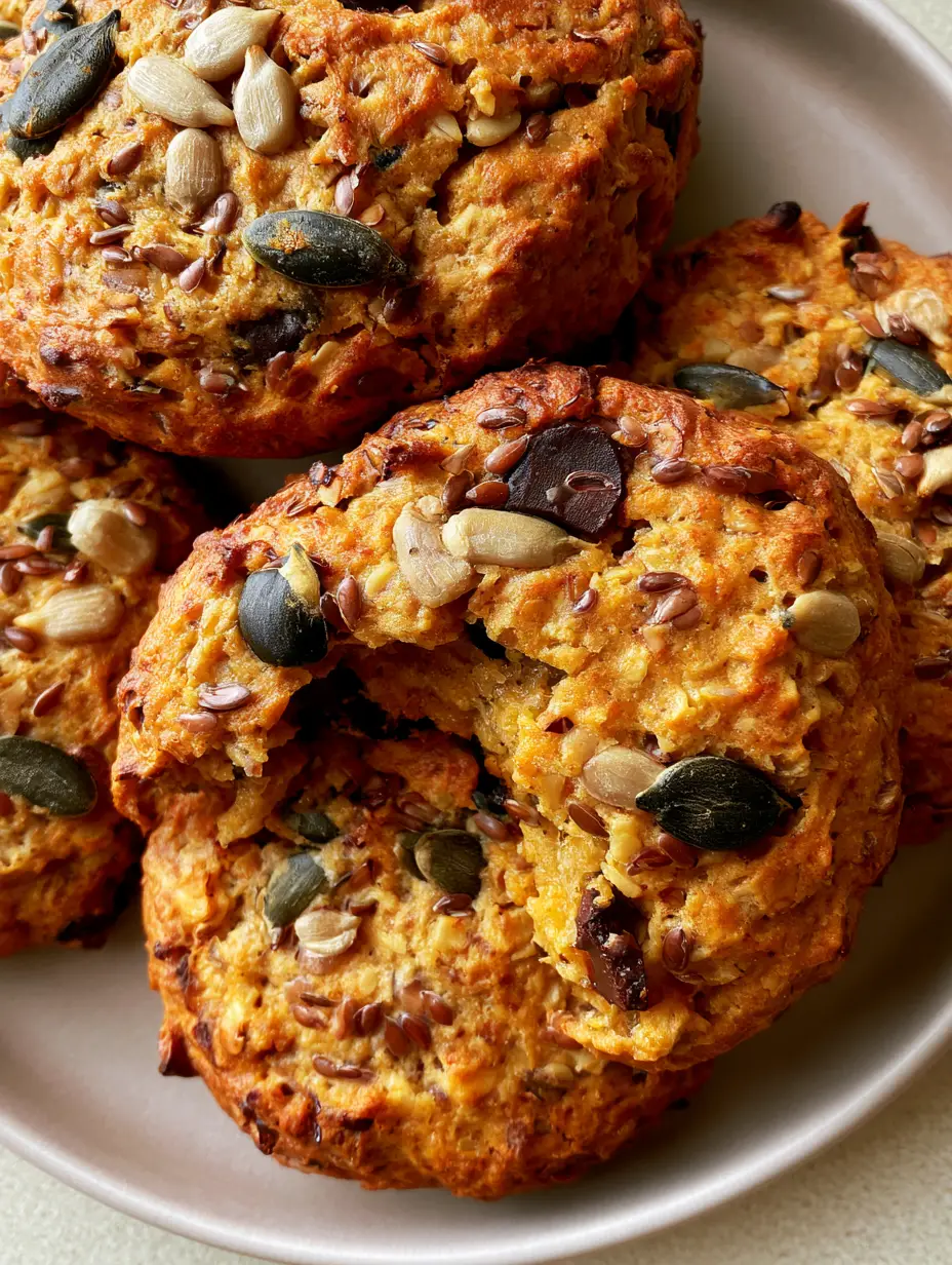 Nahaufnahme von dicken Gesunden Energy-Cookies mit sichtbaren Kürbiskernen und Schokoladenstücken.