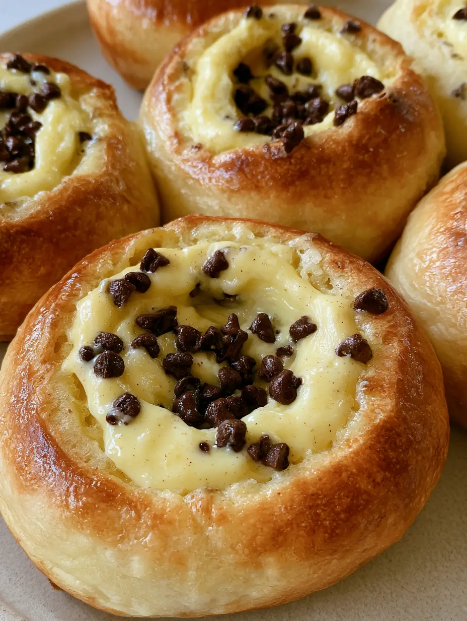 Nahaufnahme von Brioche mit Vanillepudding, die weiche Textur des Hefeteigs und die cremige Füllung sind gut sichtbar.
