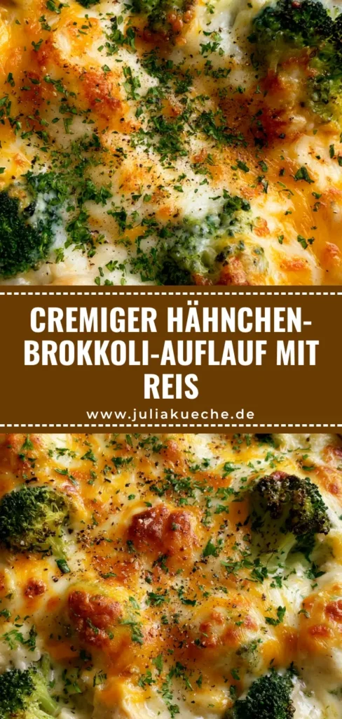 Hähnchen-Brokkoli-Auflauf: Das ultimative Wohlfühlgericht mit viel Käse 4 Ein cremiger Hähnchen-Brokkoli-Auflauf mit geschmolzenem Käse in einer weißen Auflaufform.