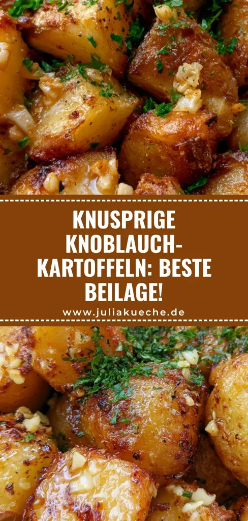 Goldbraun geröstete Knoblauchkartoffeln in einer weißen Schüssel mit viel Petersilie und Knoblauchbutter.