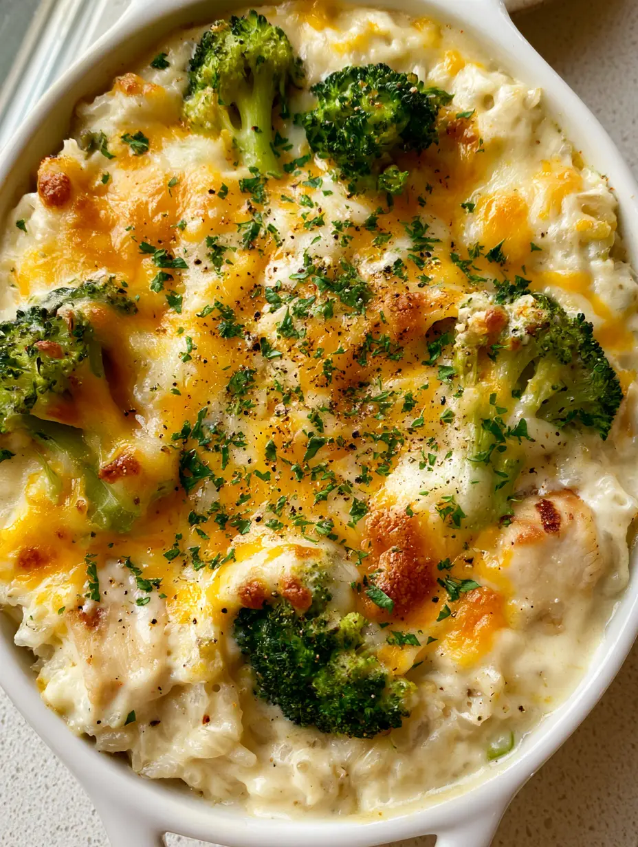 Hähnchen-Brokkoli-Auflauf: Das ultimative Wohlfühlgericht mit viel Käse 3 Nahaufnahme von Hähnchen-Brokkoli-Auflauf mit Reis und goldbraunem Cheddar.