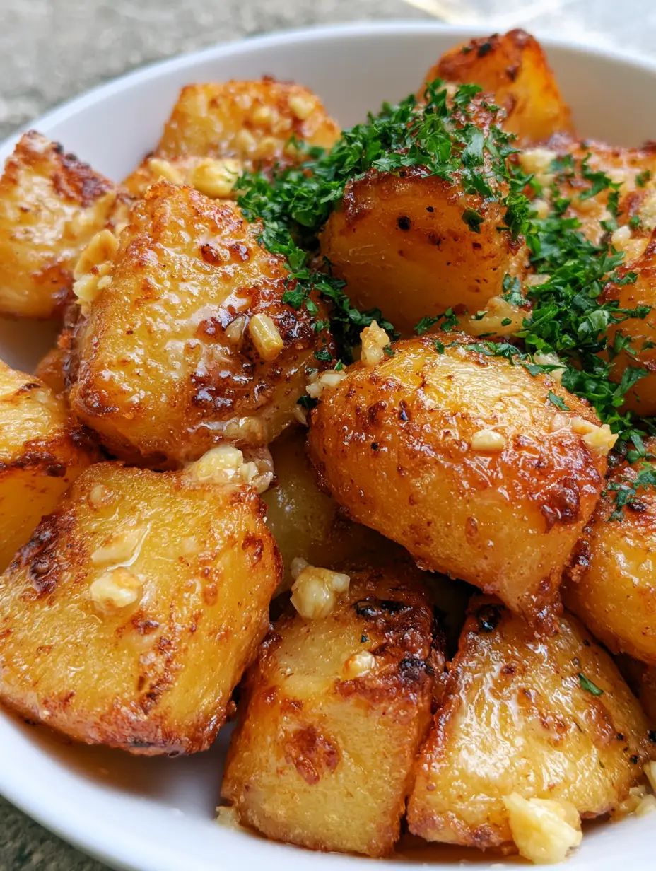 Nahaufnahme von knusprigen Knoblauchkartoffeln mit deutlich sichtbaren Röststellen und frischer Petersilie.