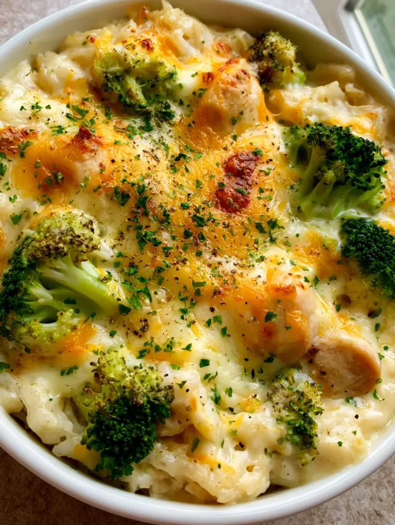 Hähnchen-Brokkoli-Auflauf: Das ultimative Wohlfühlgericht mit viel Käse 1 Draufsicht auf einen fertigen Hähnchen-Brokkoli-Auflauf mit frischer Petersilie.