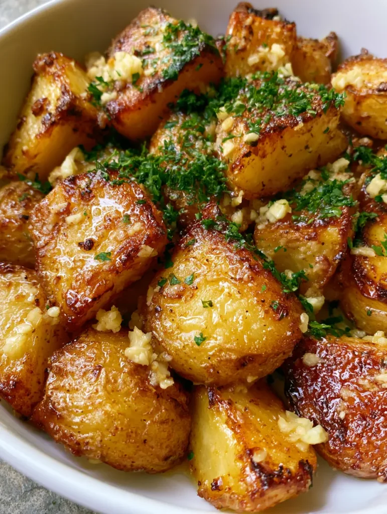 Portion goldene Knoblauchkartoffeln in einer Schüssel auf neutralem Steinuntergrund.