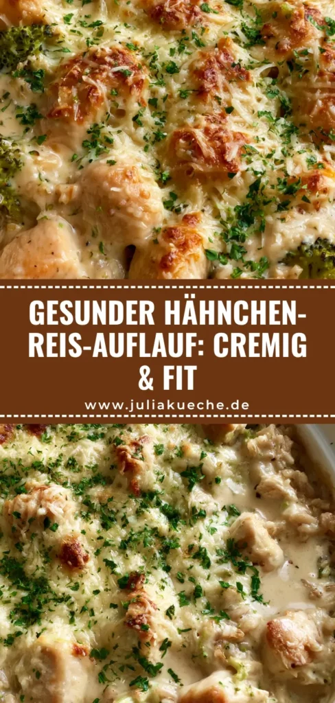 Draufsicht auf einen gesunden Hähnchen-Reis-Auflauf in einer weißen Keramikform mit geschmolzenem Parmesan und Petersilie.