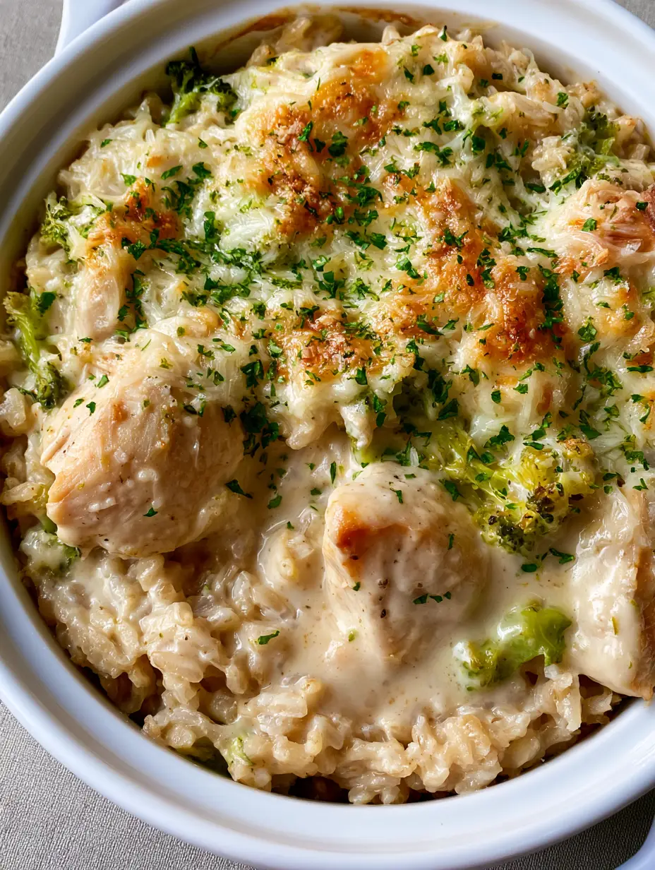 Nahaufnahme eines cremigen Hähnchen-Reis-Auflaufs mit Brokkoli und goldbrauner Käsekruste.