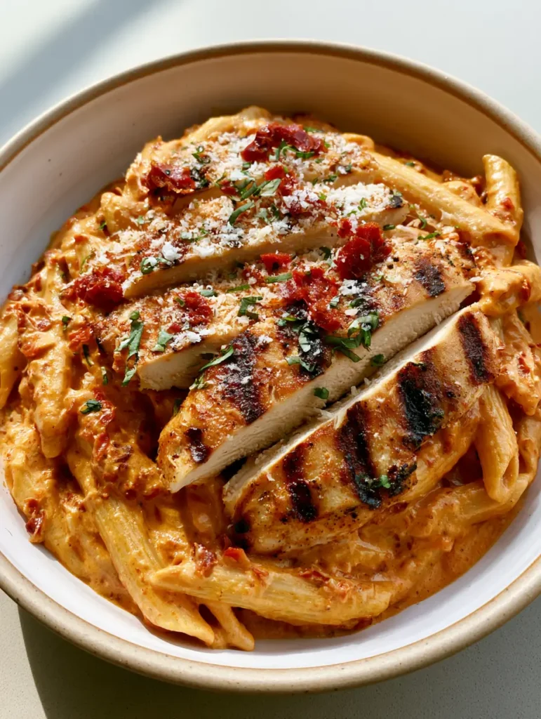 Detailansicht der cremigen Sauce und der gebratenen Hähnchenbrust mit Grillmarken auf Penne Nudeln.