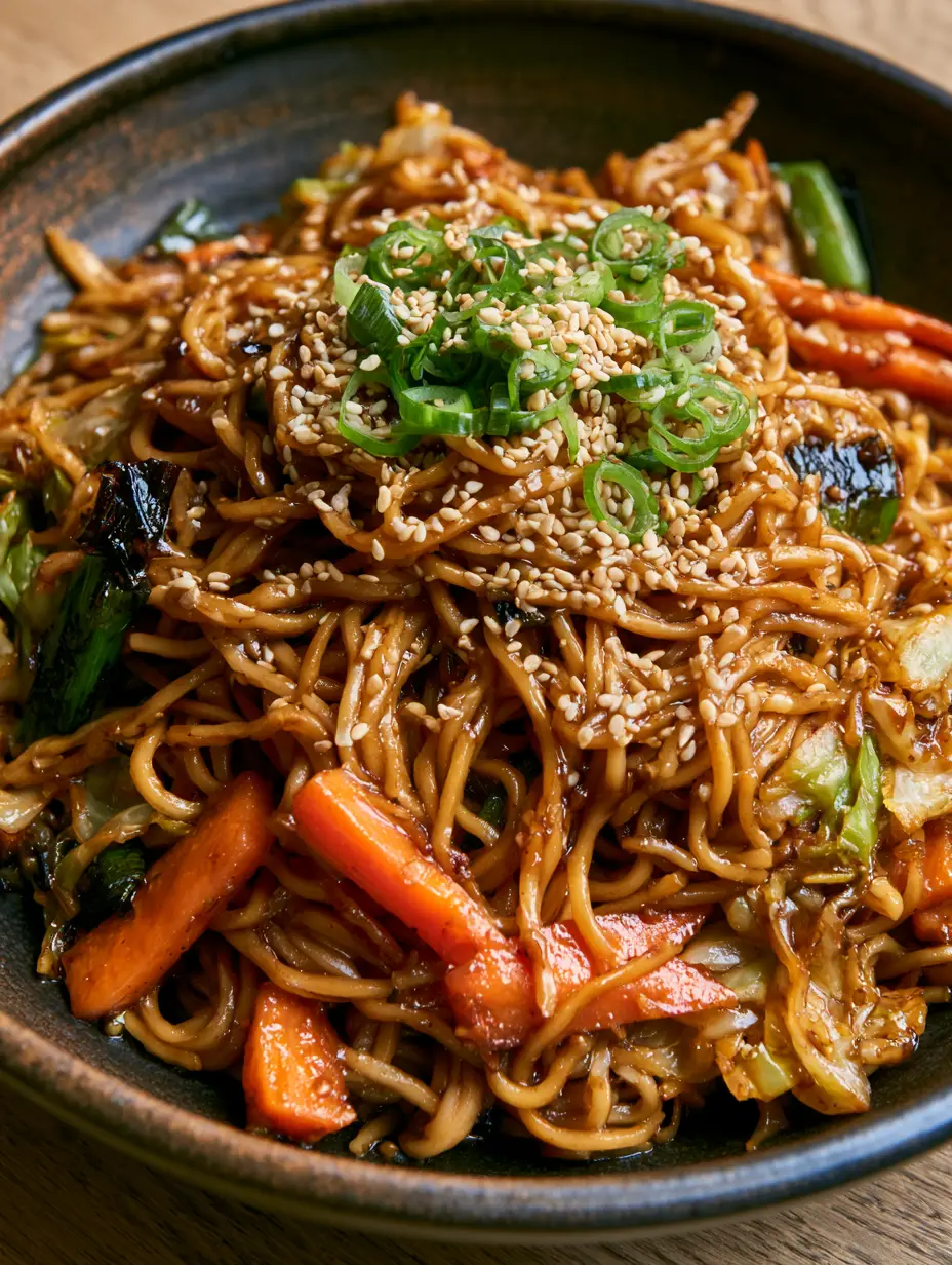 Nahaufnahme von gebratenen Weizennudeln in dunkler Sauce mit Karotten und Kohl. (Chow Mein Rezept)
