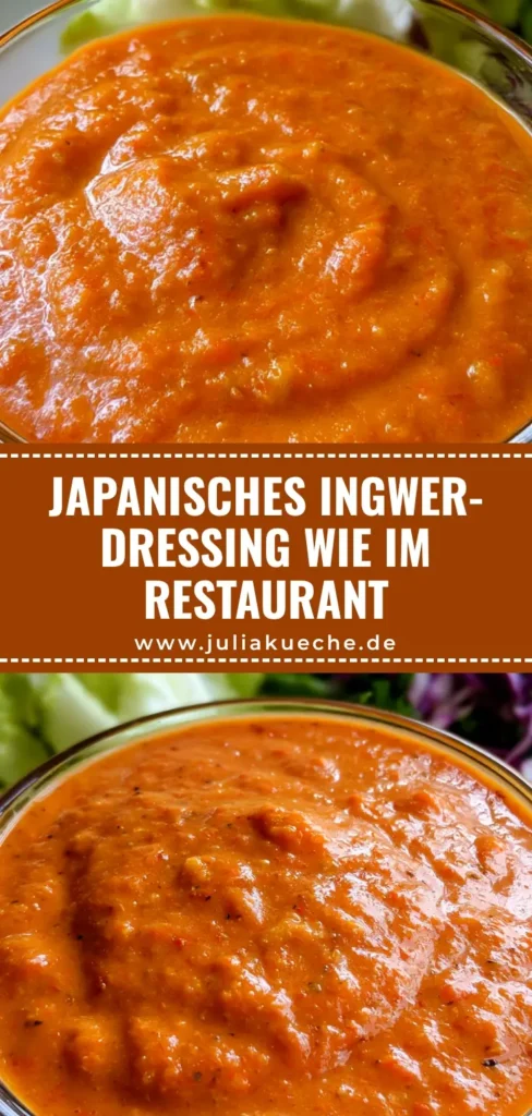 Leuchtend orangefarbenes Ingwer-Dressing in einer Glasschüssel neben einem frischen Eisbergsalat mit Rotkohl.