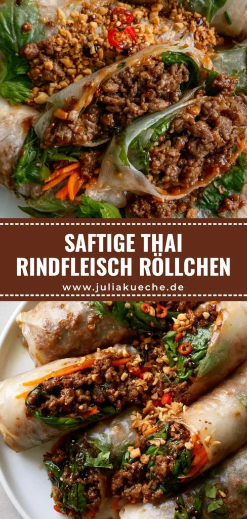 Thai Basilikum Rindfleisch Sommerrollen: Das ultimative Express-Rezept 4 Draufsicht auf Thai Basilikum Rindfleisch Rollen in durchsichtigem Reispapier mit Karotten, Koriander und Erdnüssen auf einem weißen Teller.