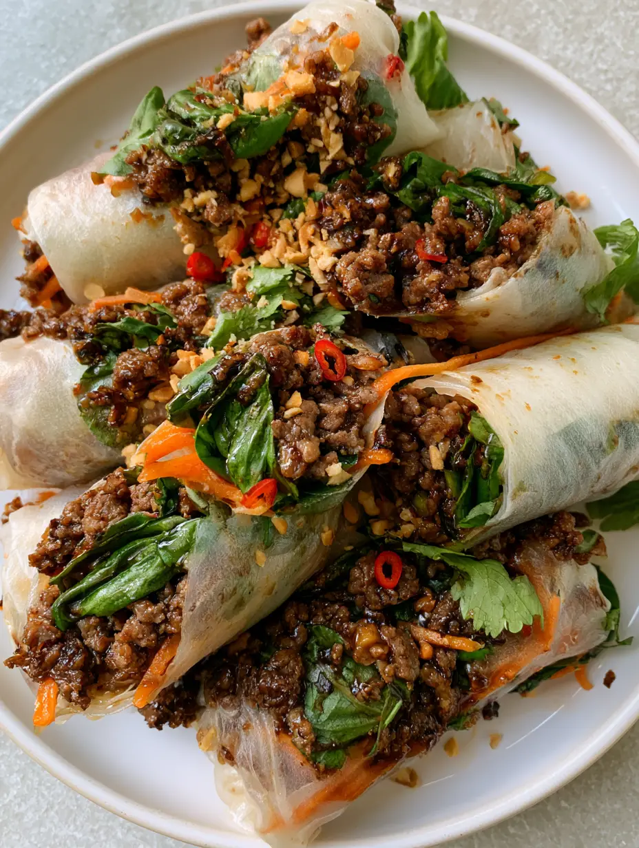 Thai Basilikum Rindfleisch Sommerrollen: Das ultimative Express-Rezept 3 Nahaufnahme von angeschnittenen Thai Basilikum Rindfleisch Rollen, man sieht das saftige Fleisch und das leuchtende Basilikum.
