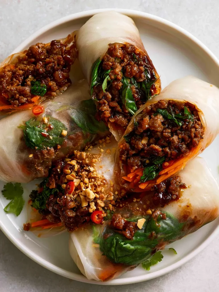 Thai Basilikum Rindfleisch Sommerrollen: Das ultimative Express-Rezept 1 Draufsicht auf fertig gerollte Thai Basilikum Rindfleisch Wraps auf einem minimalistischen grauen Hintergrund.
