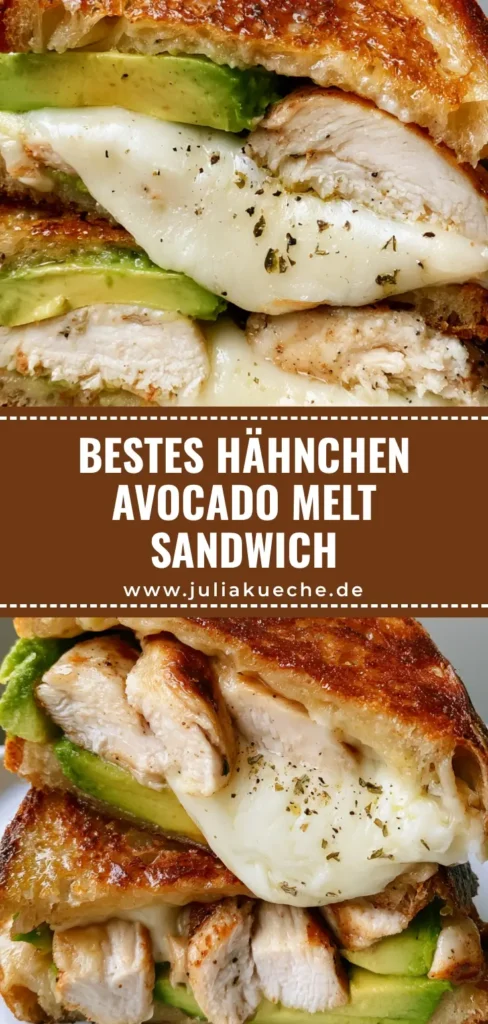 Hähnchen-Avocado-Sandwich: Das ultimative Rezept für den perfekten Melt 3 Ein durchgeschnittenes Hähnchen-Avocado-Sandwich aus Sauerteigbrot mit geschmolzenem Mozzarella und frischem Oregano auf einem weißen Teller.