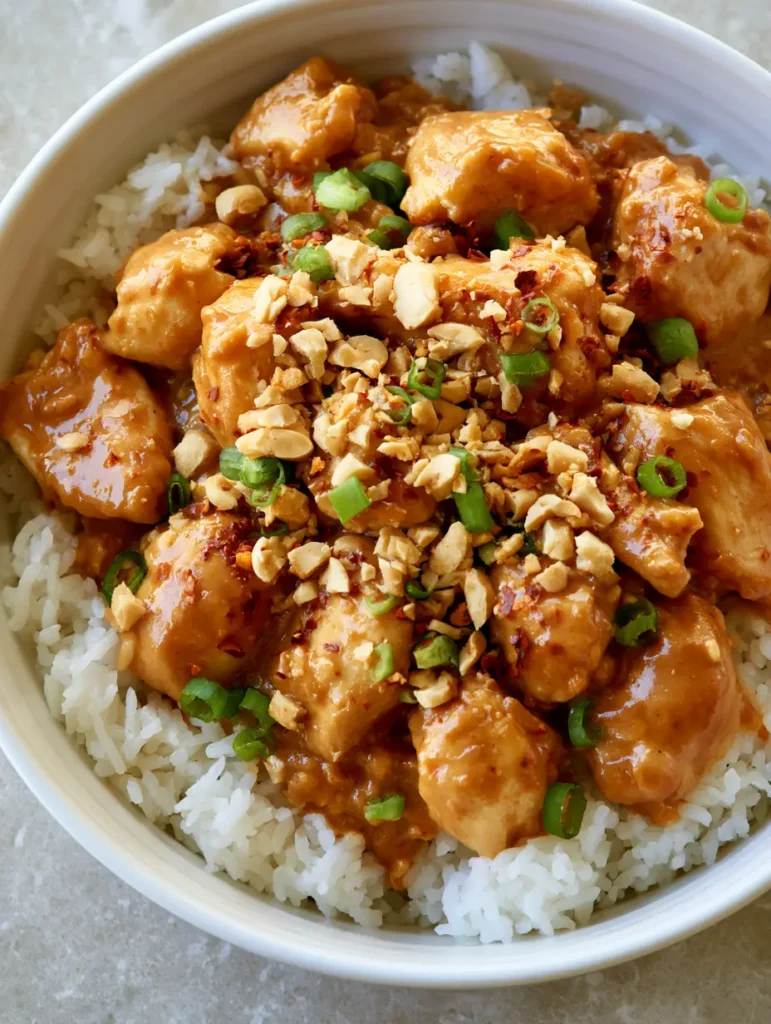 Slow Cooker Erdnuss-Hähnchen: Das ultimative Rezept für cremigen Genuss 1 Slow Cooker Erdnuss-Hähnchen mit frischen Frühlingszwiebeln und Chiliflocken auf einem grauen Hintergrund.