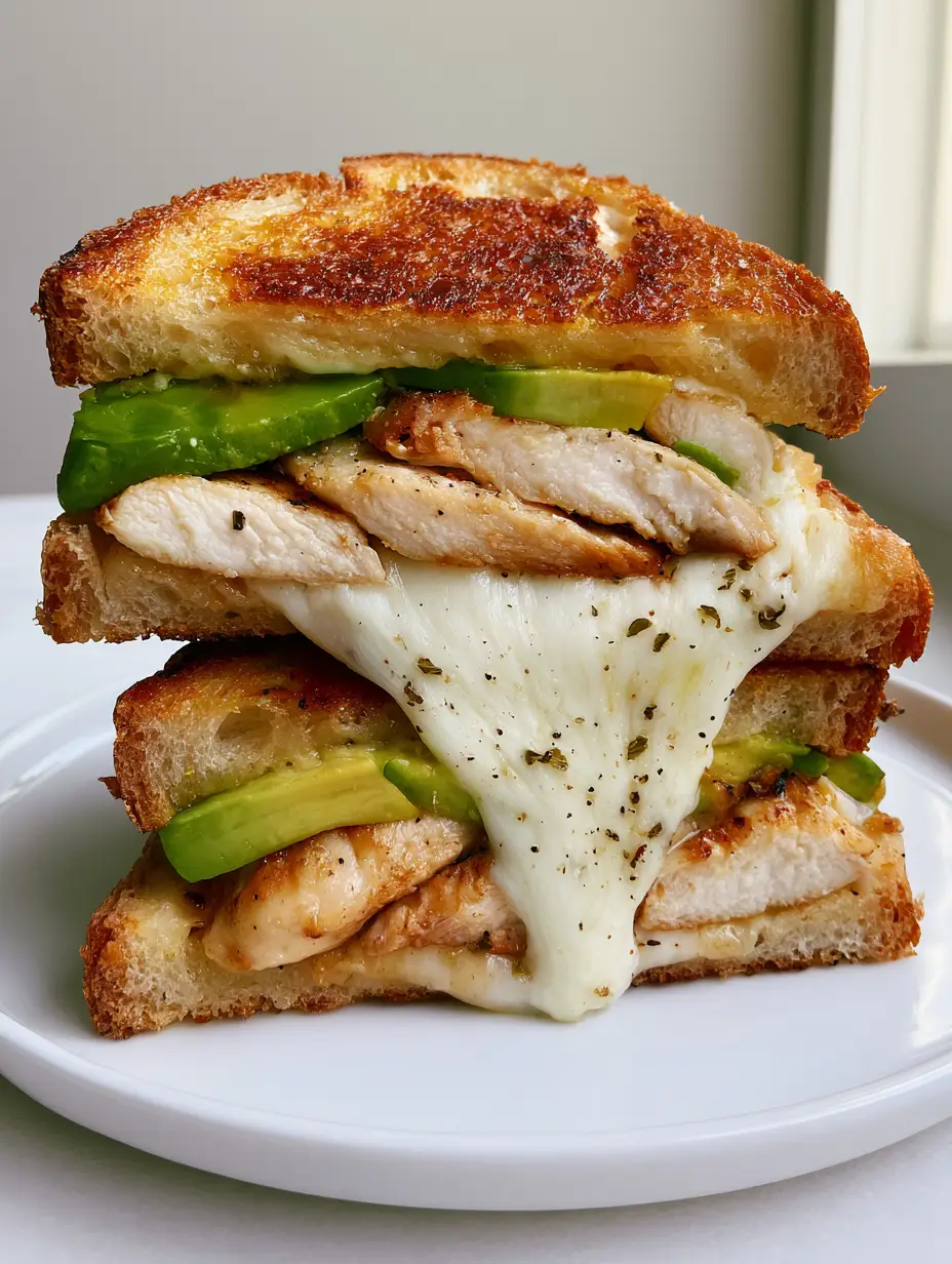 Hähnchen-Avocado-Sandwich: Das ultimative Rezept für den perfekten Melt 4 Nahaufnahme eines Hähnchen-Avocado-Sandwichs mit zerlaufenem Käse und sichtbarem schwarzen Pfeffer.
