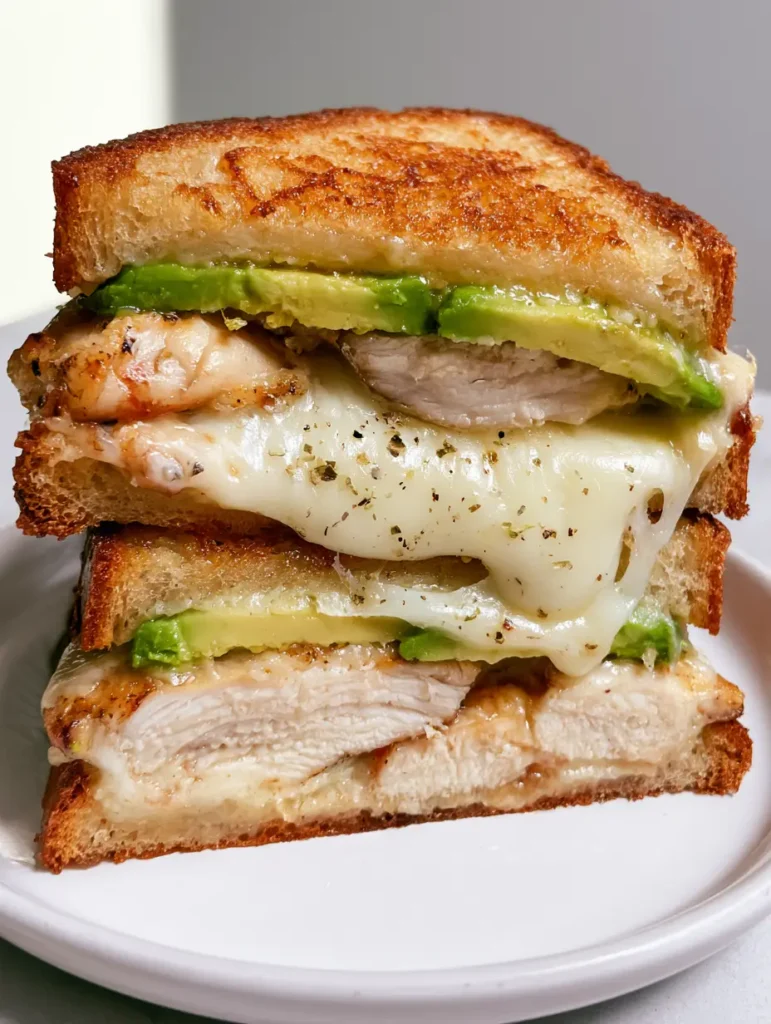 Hähnchen-Avocado-Sandwich: Das ultimative Rezept für den perfekten Melt 1 Zwei Hälften eines Hähnchen-Avocado-Sandwichs auf einem weißen Keramikteller bei natürlichem Tageslicht.