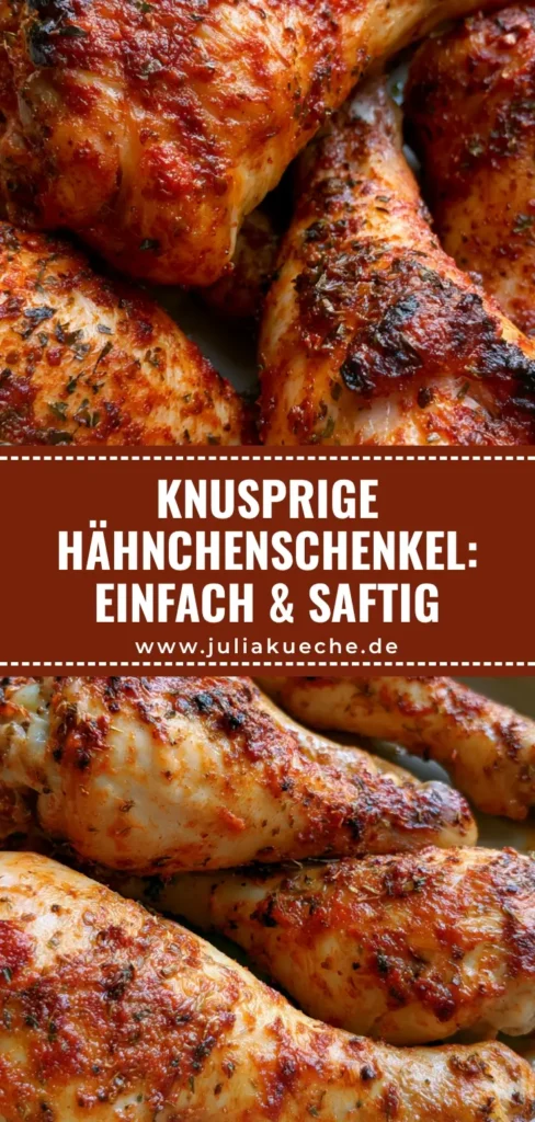 Hähnchenschenkel aus dem Ofen: Das Geheimnis für ultra-knusprige Haut 4 Knusprig gebackene Hähnchenschenkel aus dem Ofen mit goldbrauner Haut und Kräutern in einer Keramikform.