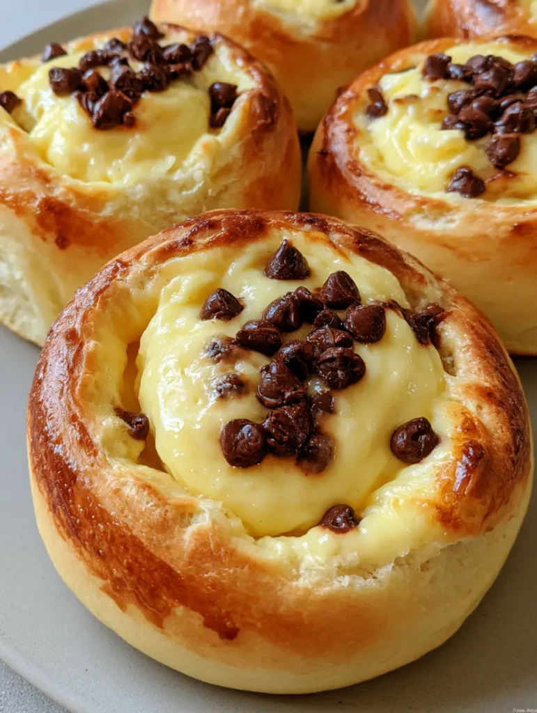 Mehrere fertig gebackene Brioche-Teilchen mit Vanillecreme und Schokostückchen im natürlichen Tageslicht.