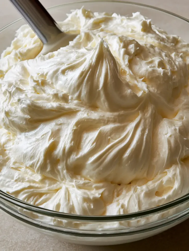 Große Rührschüssel mit weißer, glänzender Swiss Meringue Buttercreme und eleganten Swirls.