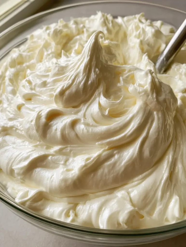 Swiss Meringue Buttercreme: Das Rezept für seidig-glatte Tortenträume 1 Handgehaltenes Foto einer Glasschüssel mit frischer Swiss Meringue Buttercreme in einer hellen Küche.