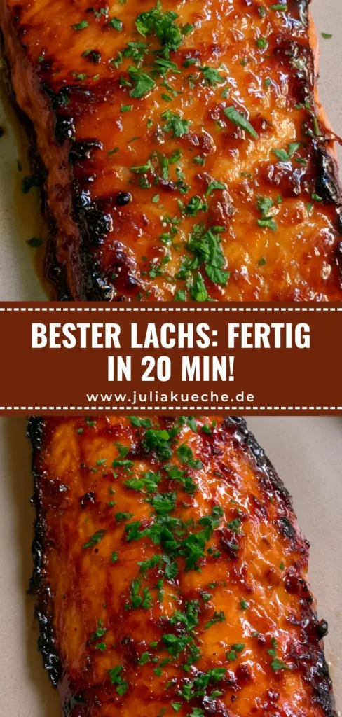 Nahaufnahme von gebackenem Lachs mit braunem Zucker, klebriger Glasur und frischer Petersilie auf einem Keramikteller.