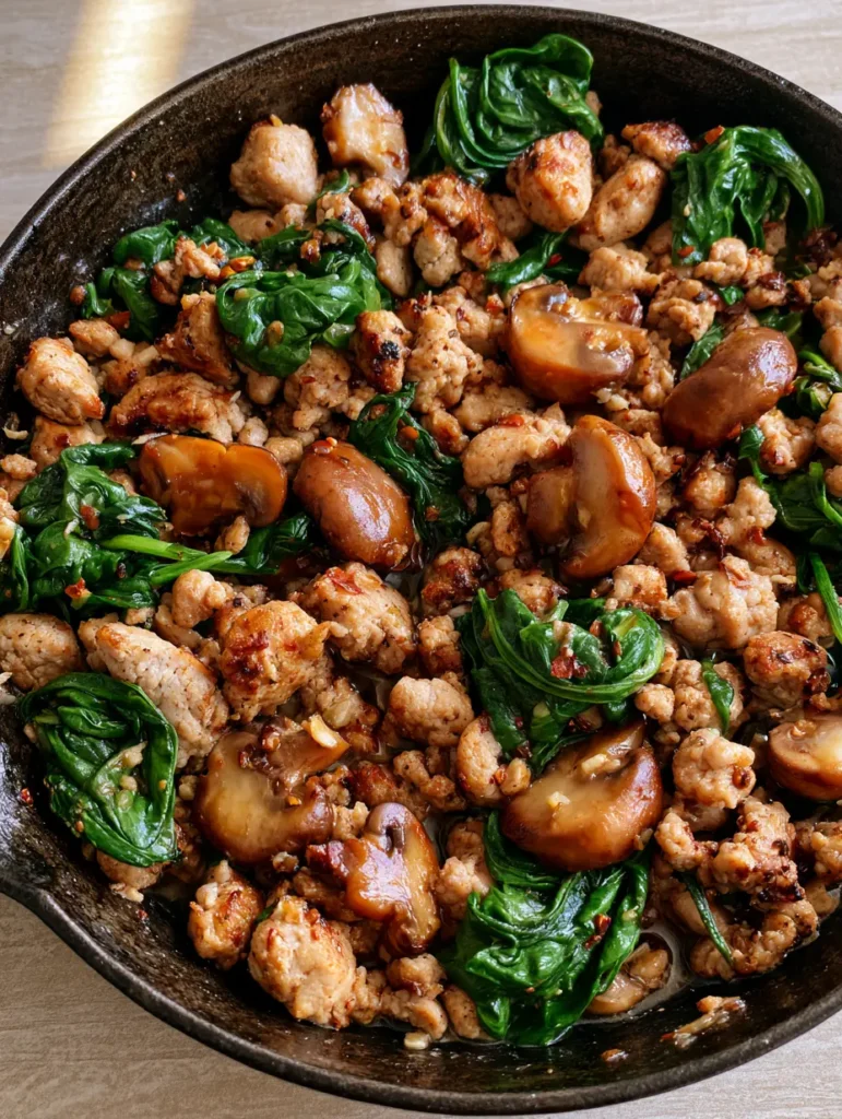 Draufsicht auf eine Putenpfanne mit Spinat und Champignons in einer schwarzen Pfanne, seared edges am Fleisch sichtbar.
