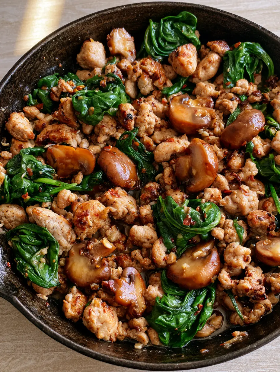 Draufsicht auf eine Putenpfanne mit Spinat und Champignons in einer schwarzen Pfanne, seared edges am Fleisch sichtbar.