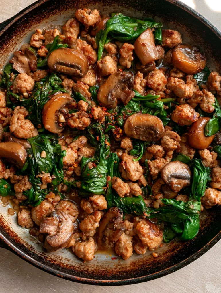 Detailaufnahme der Putenpfanne mit Spinat, man sieht den glänzenden Saft und die Chiliflocken auf den Champignons.