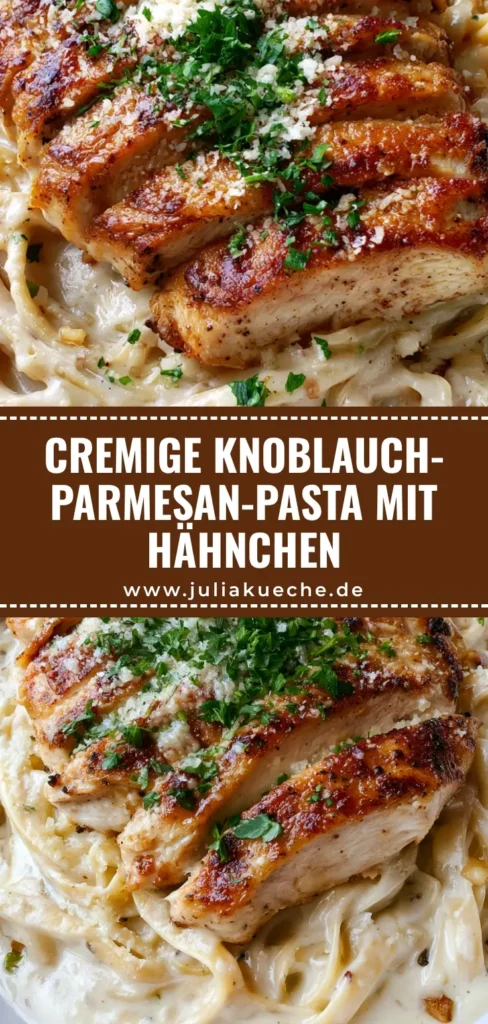 Knoblauch-Parmesan-Pasta mit Hähnchen: Das ultimative 20-Minuten-Dinner 4 Draufsicht auf eine weiße Schüssel mit Knoblauch-Parmesan-Pasta mit Hähnchen, garniert mit Petersilie.