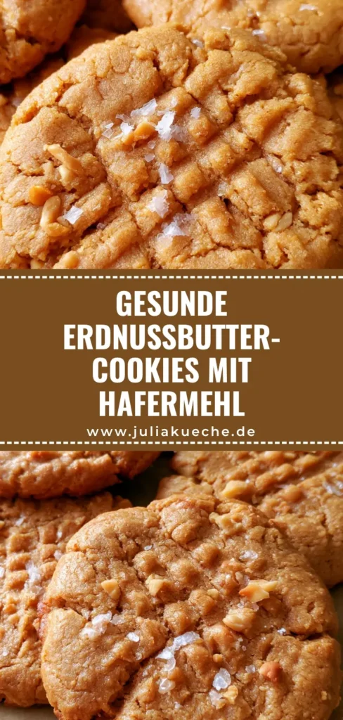 Erdnussbutter-Kekse mit Hafermehl: Das ultimative Rezept für weiche Cookies 3 Nahaufnahme von goldenen Erdnussbutter-Keksen mit Hafermehl, Gabelmuster und Meersalz auf Backpapier.