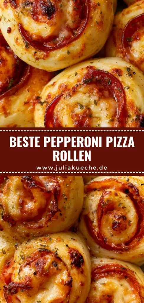 Nahaufnahme von golden gebackenen Pepperoni Pizza Rollen mit geschmolzenem Käse und Knoblauchbutter-Glanz.