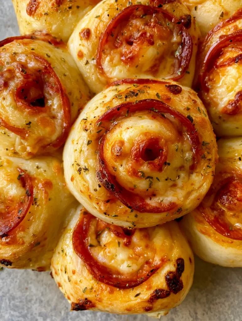 Draufsicht auf frisch gebackene Pepperoni Pizza Rollen mit Oregano und Knoblauchbutter auf einer grauen Steinfläche.