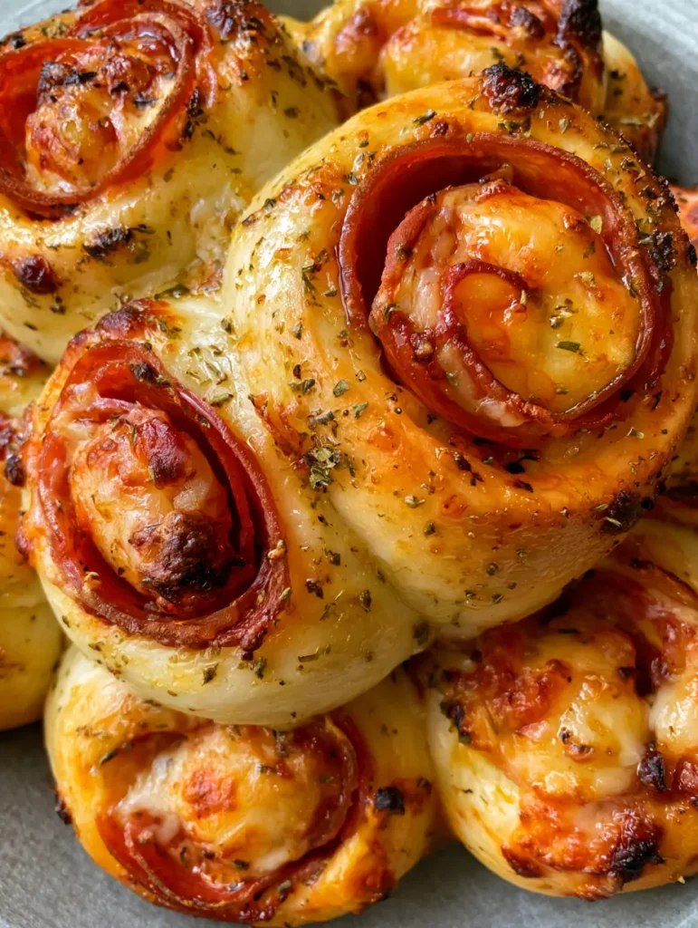 Detailaufnahme der Schichten aus Pizzateig, Mozzarella und Salami in den Pizza Rollen.