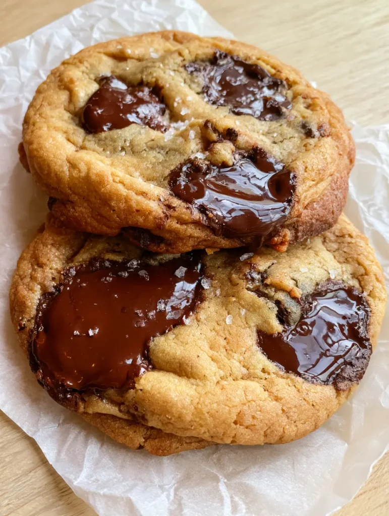 Dicke, weiche Chocolate Chip Cookies mit brauner Butter und glänzenden Schokoladenstücken.