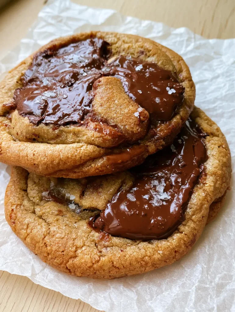 Chocolate Chip Cookies mit brauner Butter: Das ultimative Rezept für Chewy-Liebhaber 1 Zwei überlappende Chocolate Chip Cookies mit brauner Butter auf Backpapier.