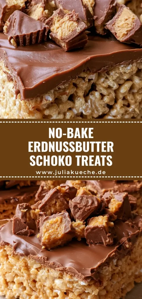 Rice Krispie Treats Erdnussbutter: Das ultimative Rezept mit Schokolade 4 Gestapelte Rice Krispie Treats Erdnussbutter Quadrate mit dicker Schokoladenschicht und Reese's Cups auf neutralem Hintergrund.