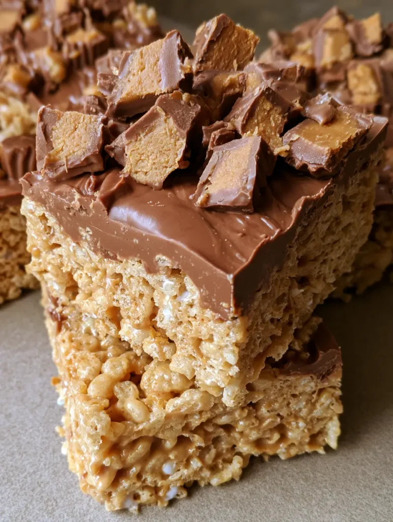 Nahaufnahme von Rice Krispie Treats Erdnussbutter mit glänzendem Schokoladenüberzug und gehackten Erdnussbutter-Stückchen.