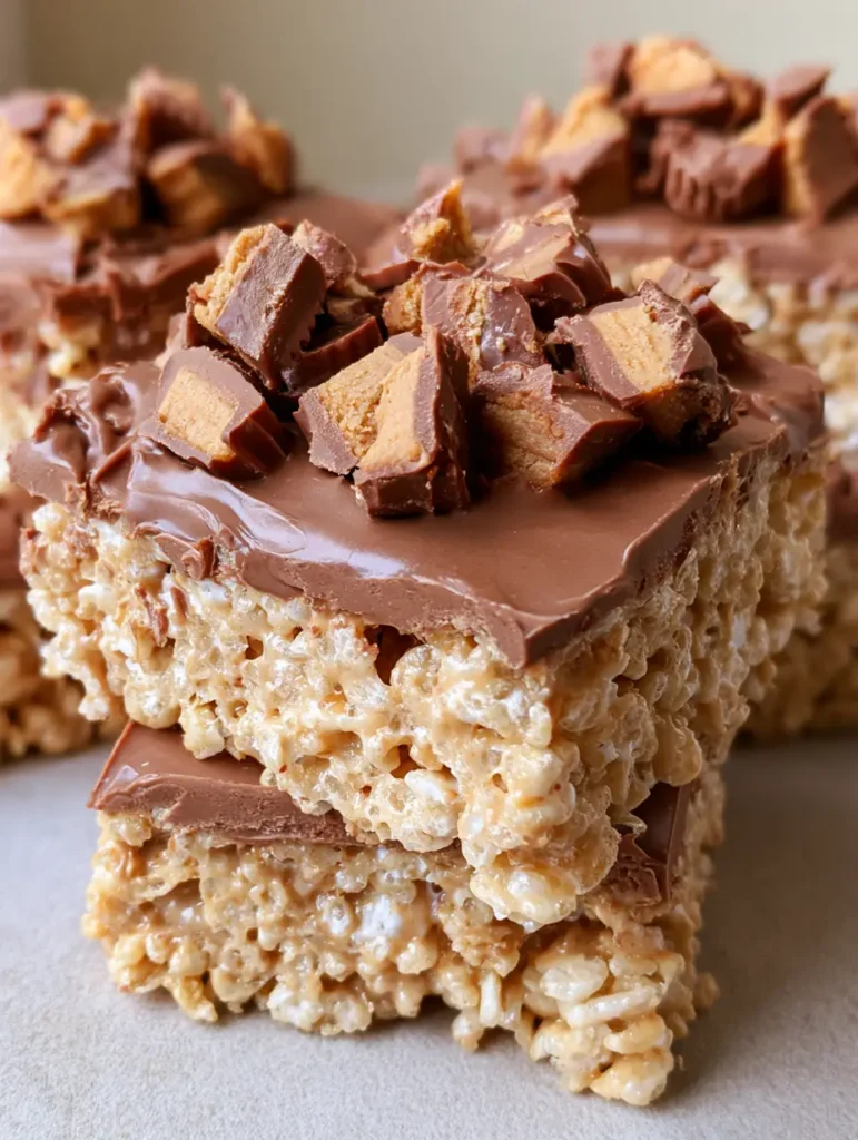 Rice Krispie Treats Erdnussbutter: Das ultimative Rezept mit Schokolade 1 Mehrere Schichten von Rice Krispie Treats Erdnussbutter Riegeln, die die goldene Puffreis-Marshmallow-Mischung zeigen.