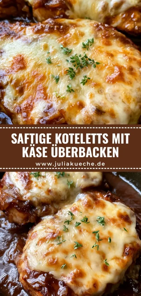 Nahaufnahme von saftigen Schweinekoteletts in einer gusseisernen Pfanne mit karamellisierten Zwiebeln und geschmolzenem Gruyère Käse. (Schweinekoteletts Rezept)