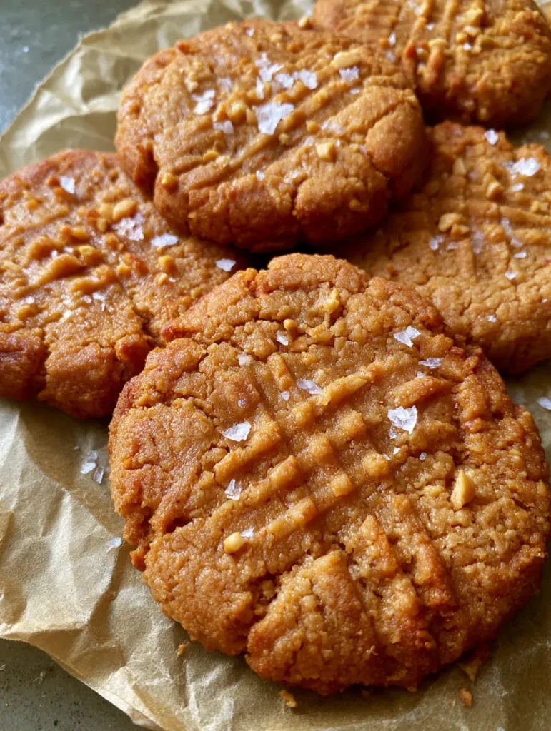 Erdnussbutter-Kekse mit Hafermehl: Das ultimative Rezept für weiche Cookies 2 Draufsicht auf gebackene Erdnussbutter-Kekse mit Hafermehl und sichtbaren Erdnussstücken.