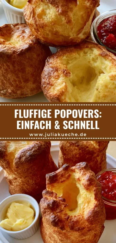Drei frisch gebackene, hohe Popovers auf einem weißen Teller mit Erdbeermarmelade und Butter. (Popovers Rezept)
