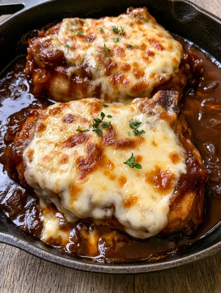 Draufsicht auf angebratene Schweinekoteletts in dunkler Zwiebelsauce mit frischem Thymian in einer Pfanne. (Schweinekoteletts Rezept)