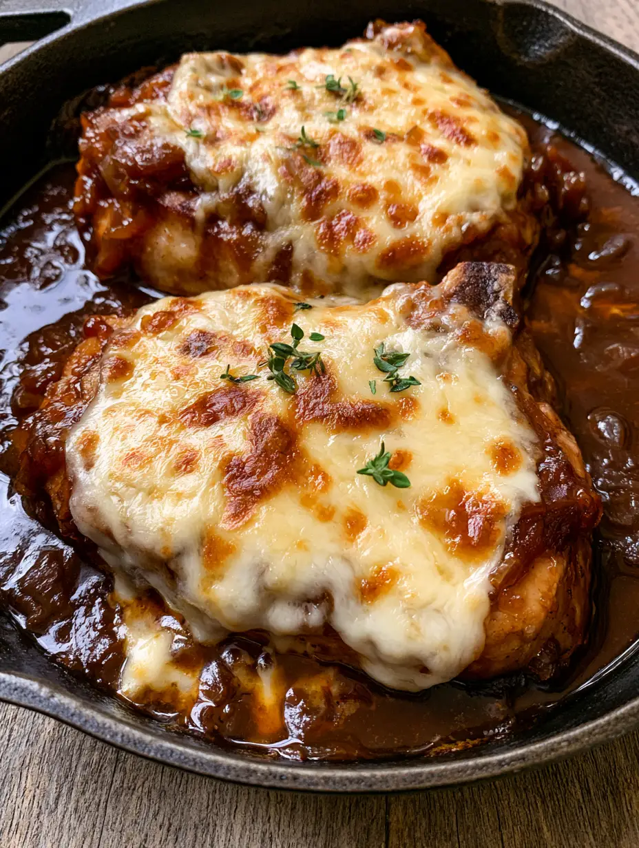 Draufsicht auf angebratene Schweinekoteletts in dunkler Zwiebelsauce mit frischem Thymian in einer Pfanne. (Schweinekoteletts Rezept)