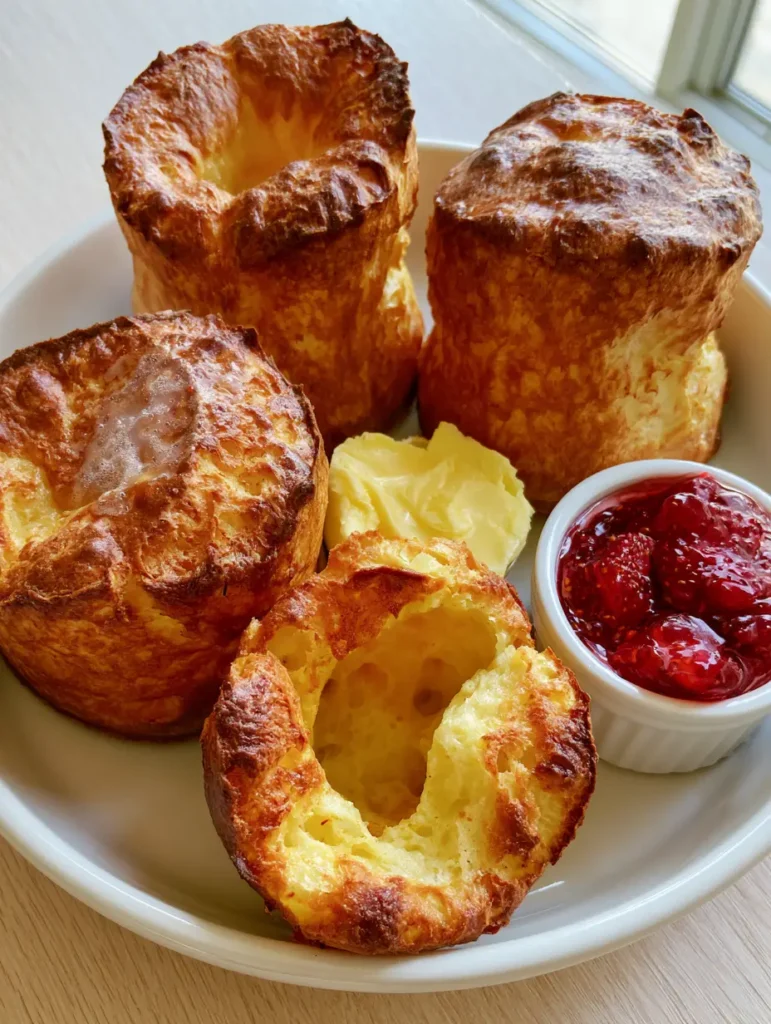 Nahaufnahme von frisch gebackenen Popovers mit aufsteigendem Dampf auf einem Holztisch. (Popovers Rezept)