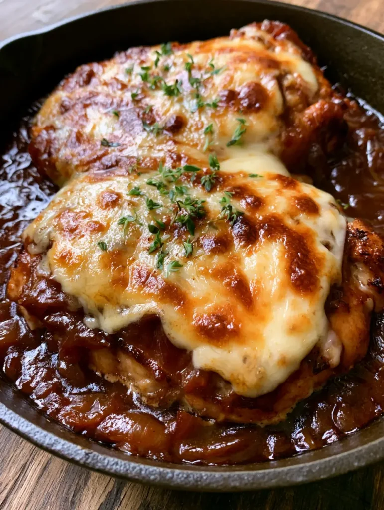 Geschmolzener, blubbernder Gruyère Käse auf Schweinekoteletts mit dunkler Sauce garniert mit Thymian.
