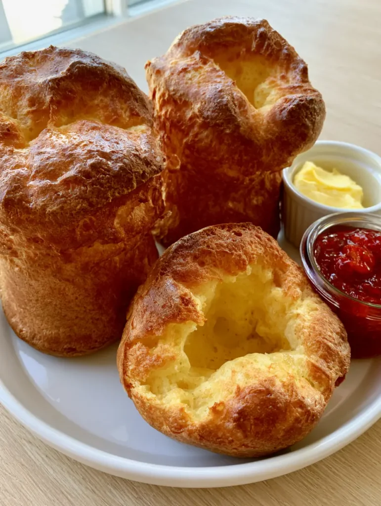 Ein aufgerissener Popover zeigt das luftige, hohle Innere neben einer Schale mit Butter.