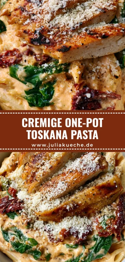 One-Pot Toskana Hähnchen Pasta: Das ultimative 30-Minuten-Rezept 4 Eine Schüssel cremige One-Pot Toskana Hähnchen Pasta mit Penne, Spinat, getrockneten Tomaten und Parmesan.