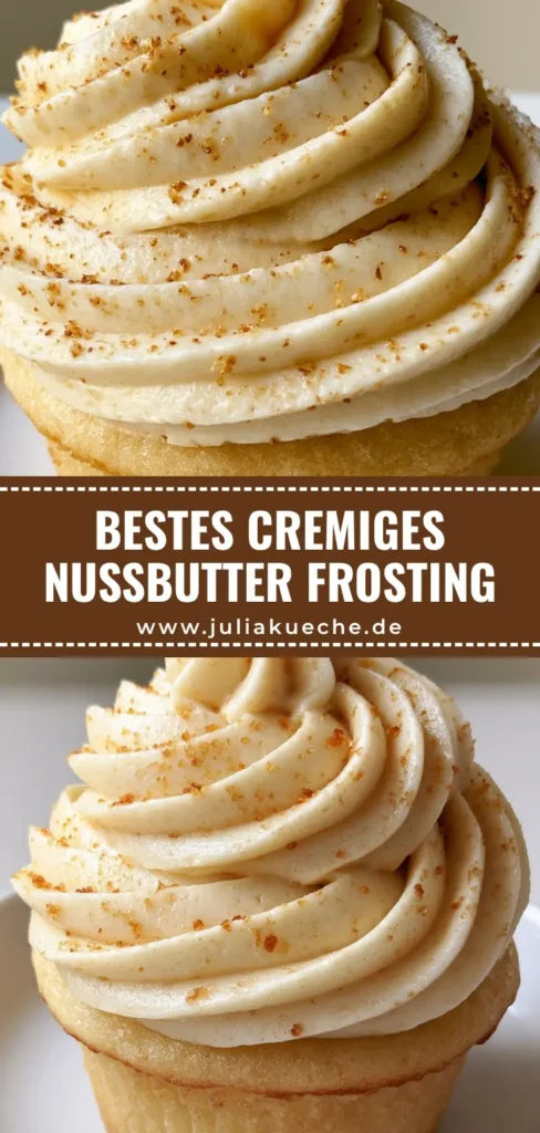 Nahaufnahme von cremigem Nussbutter Frosting mit sichtbaren goldenen Butter-Partikeln, das in perfekten Wellen auf einen Cupcake gespritzt wurde.